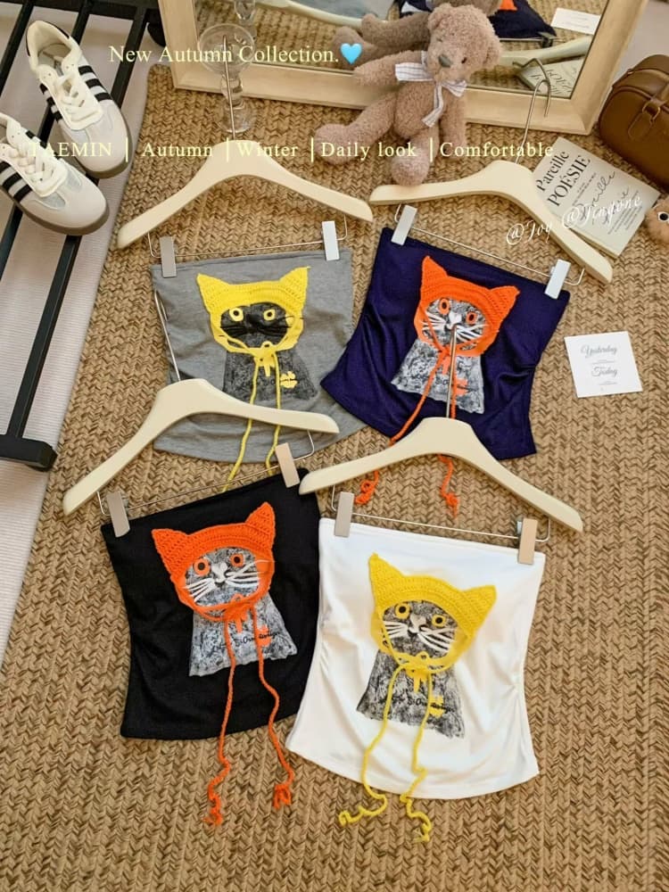 실사 정가 감소되지 않음 핫걸 바람 고양이 프린트 튜브탑 조끼 여성 벨트 가슴 패드 몸매 가꾸기 슬림해 보이는 오프숄더 맨위 상세 이미지 29