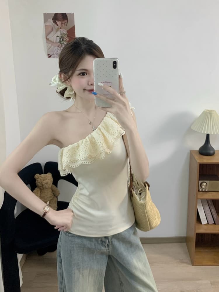 실사 정가 감소되지 않음 레트로 레이스 프릴 비스듬한 어깨 반팔 티셔츠 여성 디자인 센스 몸매 가꾸기 슬림해 보이는 맨위 트렌디 상세 이미지 1