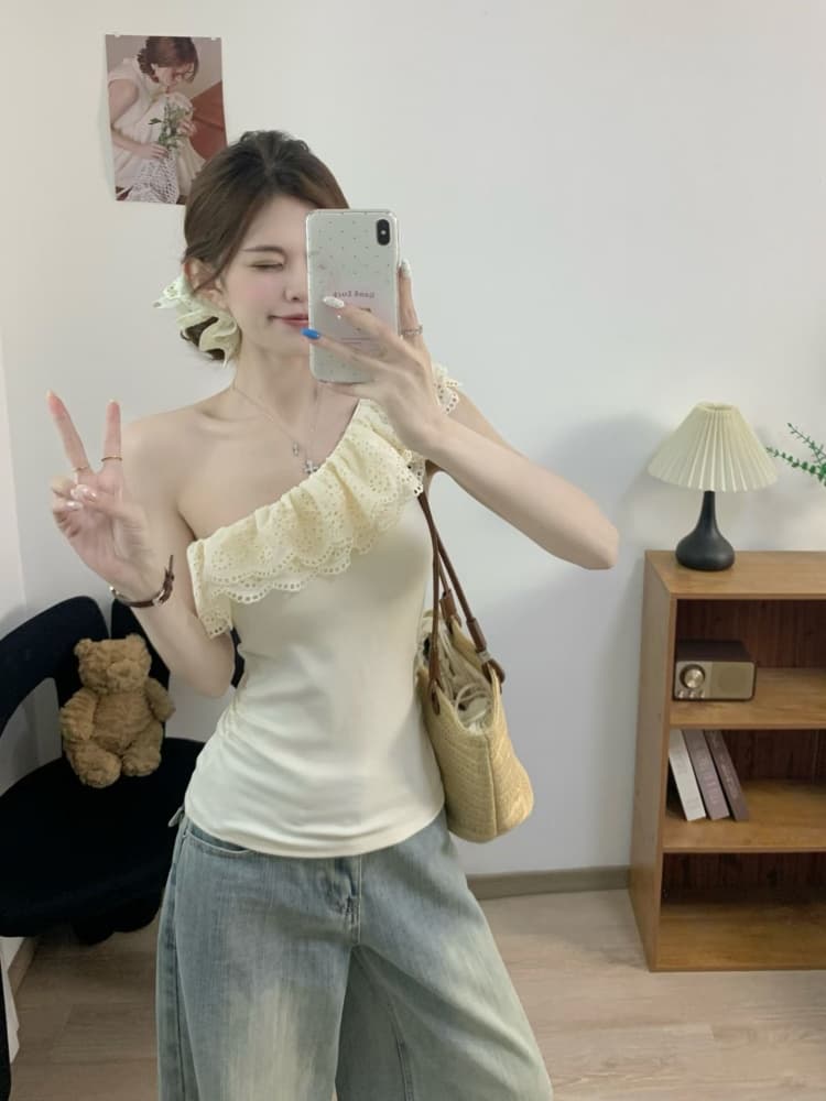 실사 정가 감소되지 않음 레트로 레이스 프릴 비스듬한 어깨 반팔 티셔츠 여성 디자인 센스 몸매 가꾸기 슬림해 보이는 맨위 트렌디 상세 이미지 7