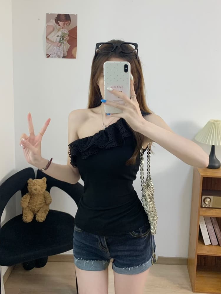 실사 정가 감소되지 않음 레트로 레이스 프릴 비스듬한 어깨 반팔 티셔츠 여성 디자인 센스 몸매 가꾸기 슬림해 보이는 맨위 트렌디 상세 이미지 8
