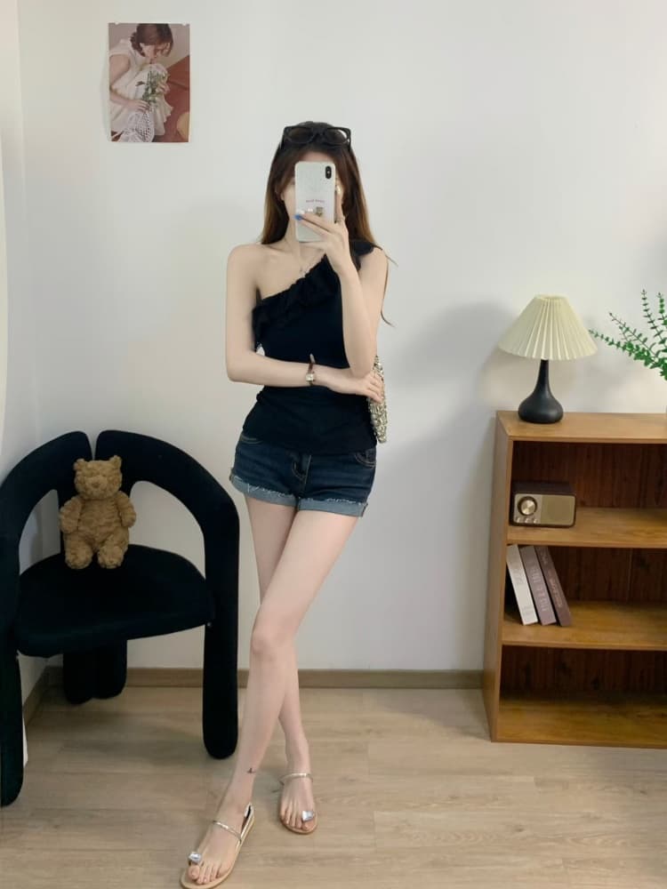 실사 정가 감소되지 않음 레트로 레이스 프릴 비스듬한 어깨 반팔 티셔츠 여성 디자인 센스 몸매 가꾸기 슬림해 보이는 맨위 트렌디 상세 이미지 10