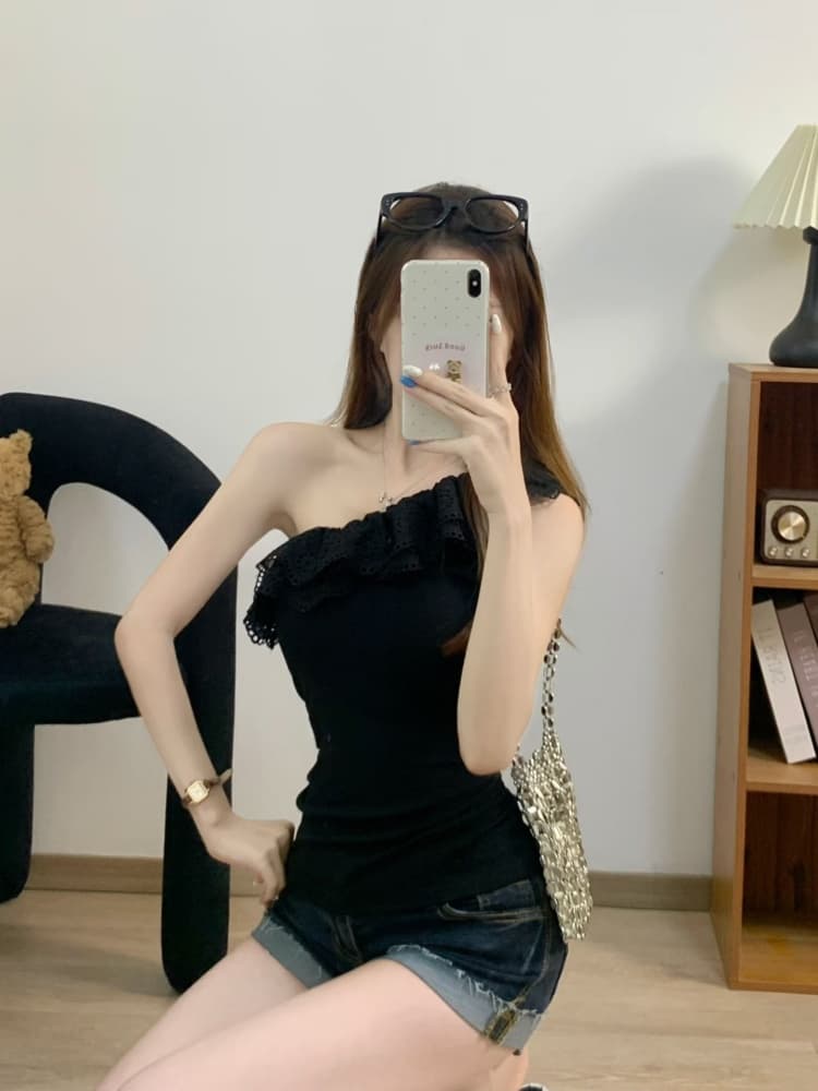 실사 정가 감소되지 않음 레트로 레이스 프릴 비스듬한 어깨 반팔 티셔츠 여성 디자인 센스 몸매 가꾸기 슬림해 보이는 맨위 트렌디 상세 이미지 13