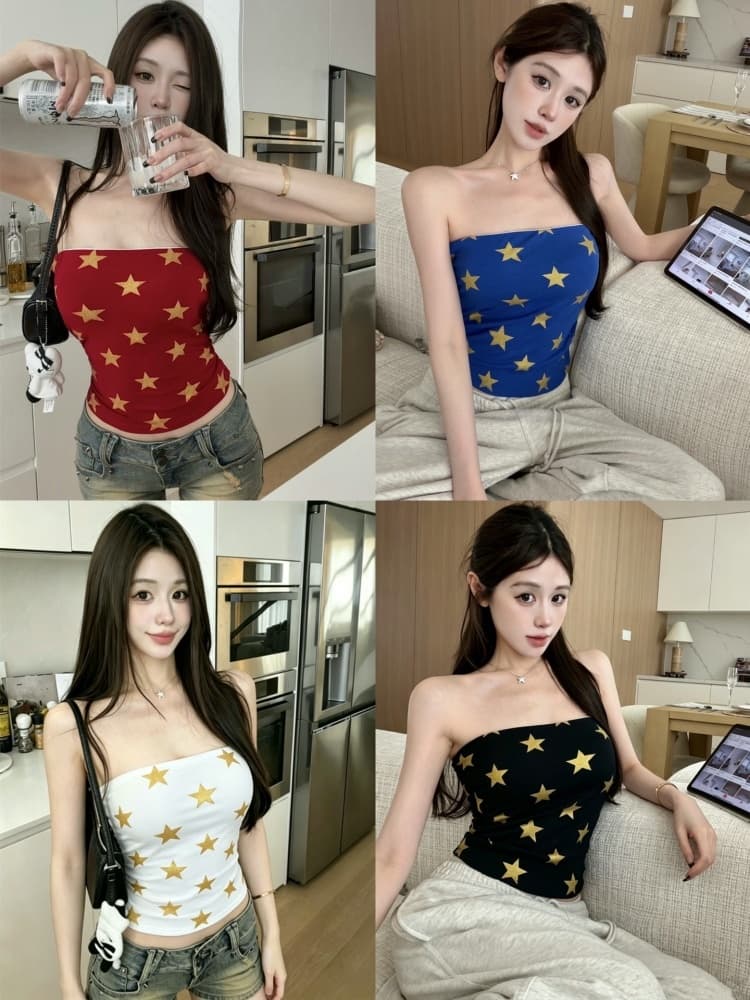 실사 정가 감소되지 않음 아메리칸 핫걸 바람 파란색 별 오프숄더 튜브탑 조끼 여성 몸매 가꾸기 섹시함 슬림해 보이는 맨위 상세 이미지 1