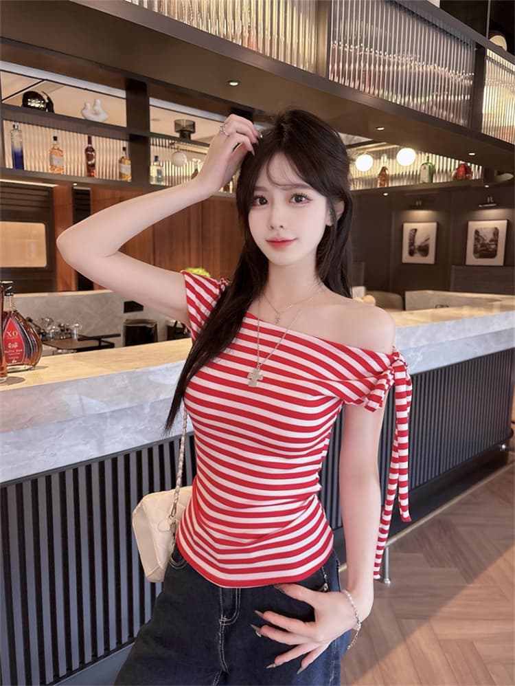 실사 정가 감소되지 않음 비스듬한 어깨 리본 스트라이프 반팔 티셔츠 벨트 가슴 패드 몸매 가꾸기 슬림해 보이는 작은 심장 기계 핫걸 맨위 상세 이미지 6