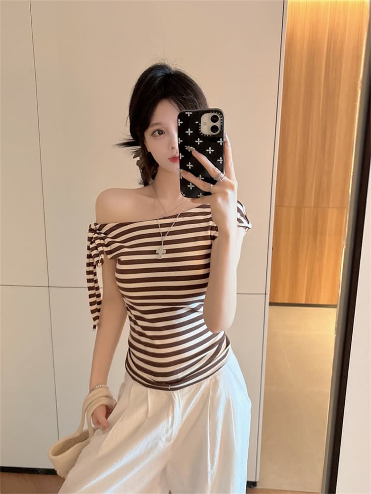 실사 정가 감소되지 않음 비스듬한 어깨 리본 스트라이프 반팔 티셔츠 벨트 가슴 패드 몸매 가꾸기 슬림해 보이는 작은 심장 기계 핫걸 맨위 상세 이미지 12