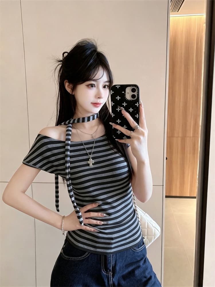 실사 정가 감소되지 않음 비스듬한 어깨 리본 스트라이프 반팔 티셔츠 벨트 가슴 패드 몸매 가꾸기 슬림해 보이는 작은 심장 기계 핫걸 맨위 상세 이미지 17