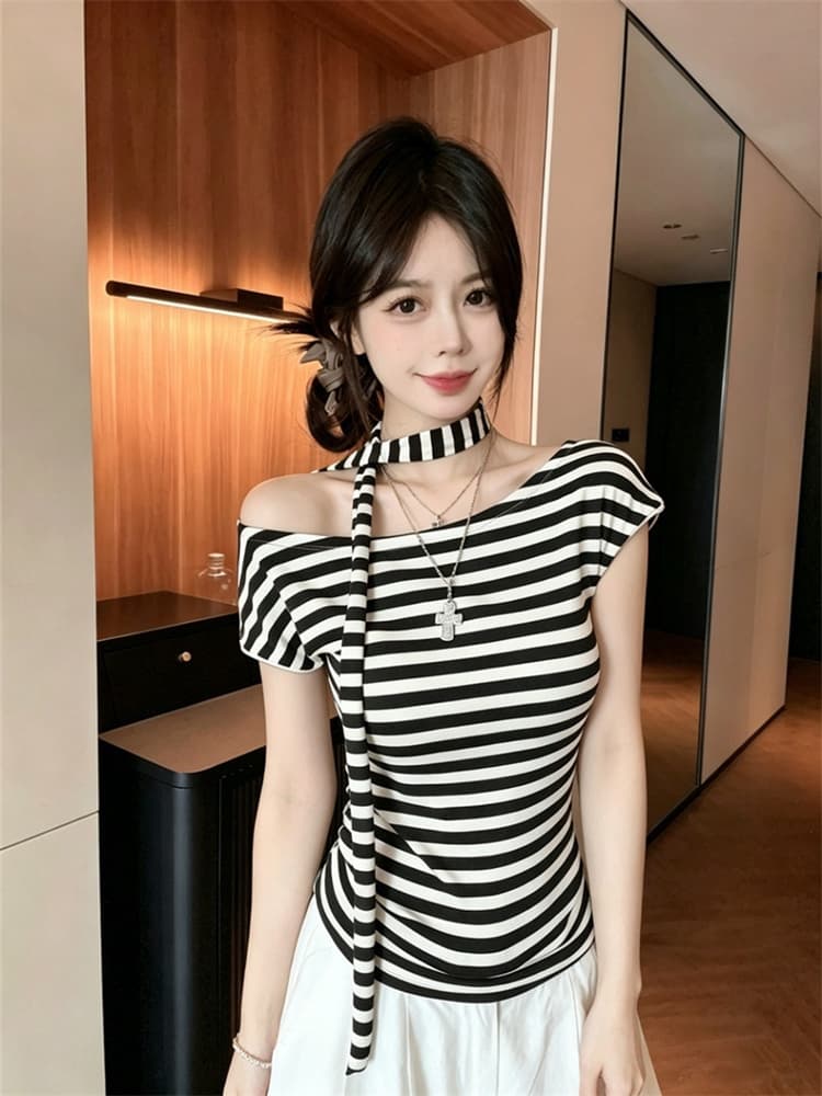 실사 정가 감소되지 않음 비스듬한 어깨 리본 스트라이프 반팔 티셔츠 벨트 가슴 패드 몸매 가꾸기 슬림해 보이는 작은 심장 기계 핫걸 맨위 상세 이미지 19
