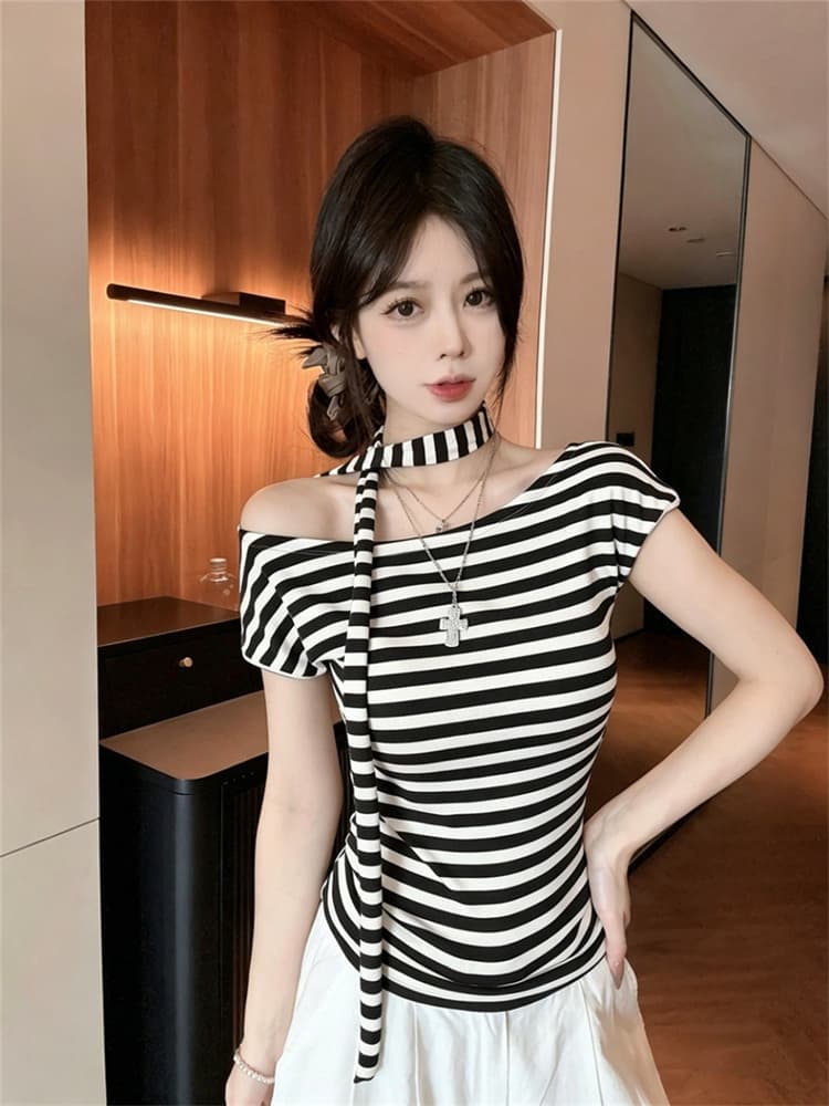 실사 정가 감소되지 않음 비스듬한 어깨 리본 스트라이프 반팔 티셔츠 벨트 가슴 패드 몸매 가꾸기 슬림해 보이는 작은 심장 기계 핫걸 맨위 상세 이미지 21