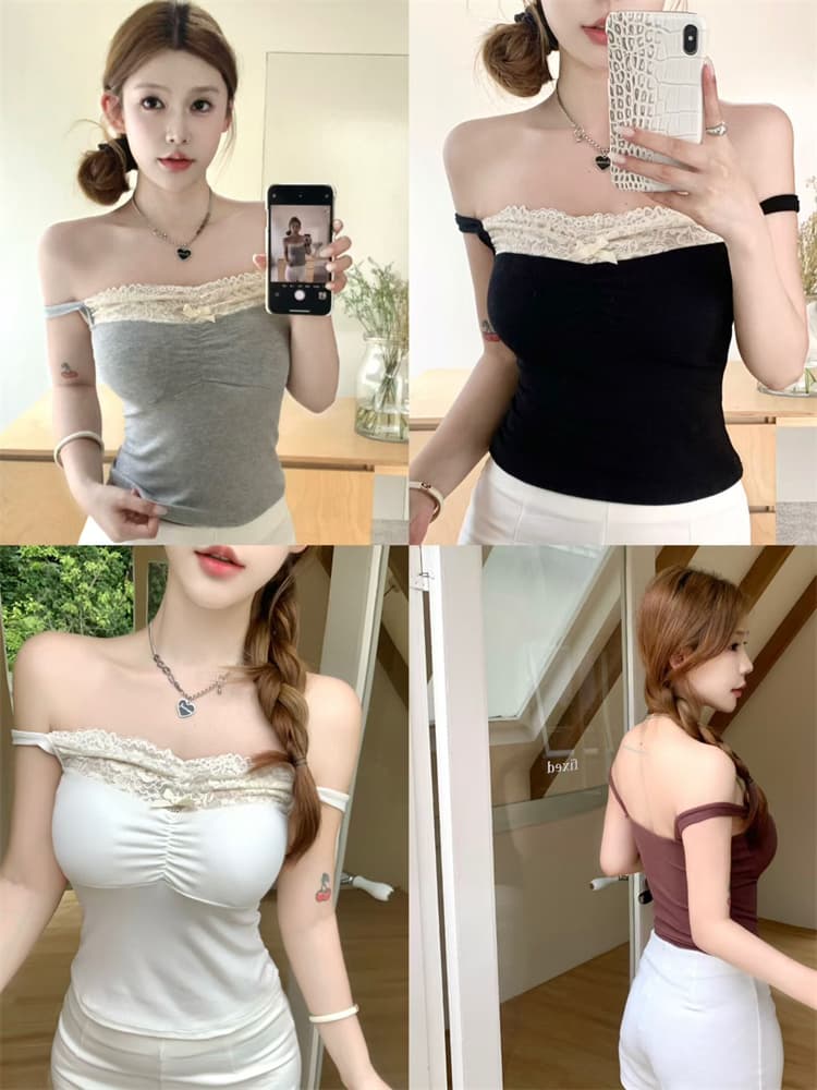 실사 정가 감소되지 않음 한 부서 순수한 욕망 바람 나비 매듭 패치워크 레이스 레이스 가슴 패드 캐미솔 여성 의류 맨위 상세 이미지 1