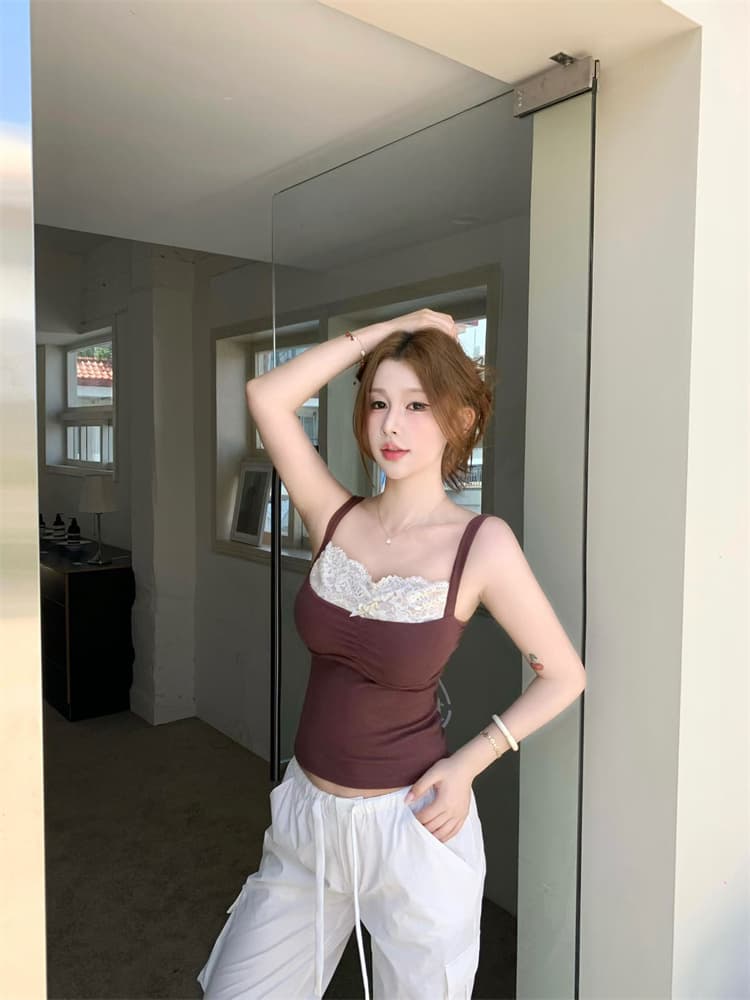 실사 정가 감소되지 않음 한 부서 순수한 욕망 바람 나비 매듭 패치워크 레이스 레이스 가슴 패드 캐미솔 여성 의류 맨위 상세 이미지 7