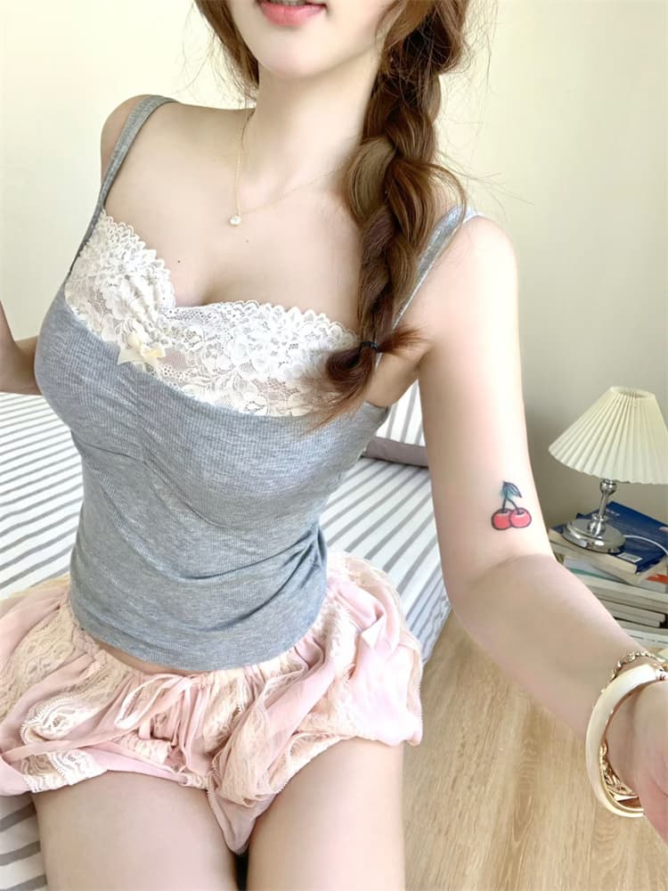 실사 정가 감소되지 않음 한 부서 순수한 욕망 바람 나비 매듭 패치워크 레이스 레이스 가슴 패드 캐미솔 여성 의류 맨위 상세 이미지 12