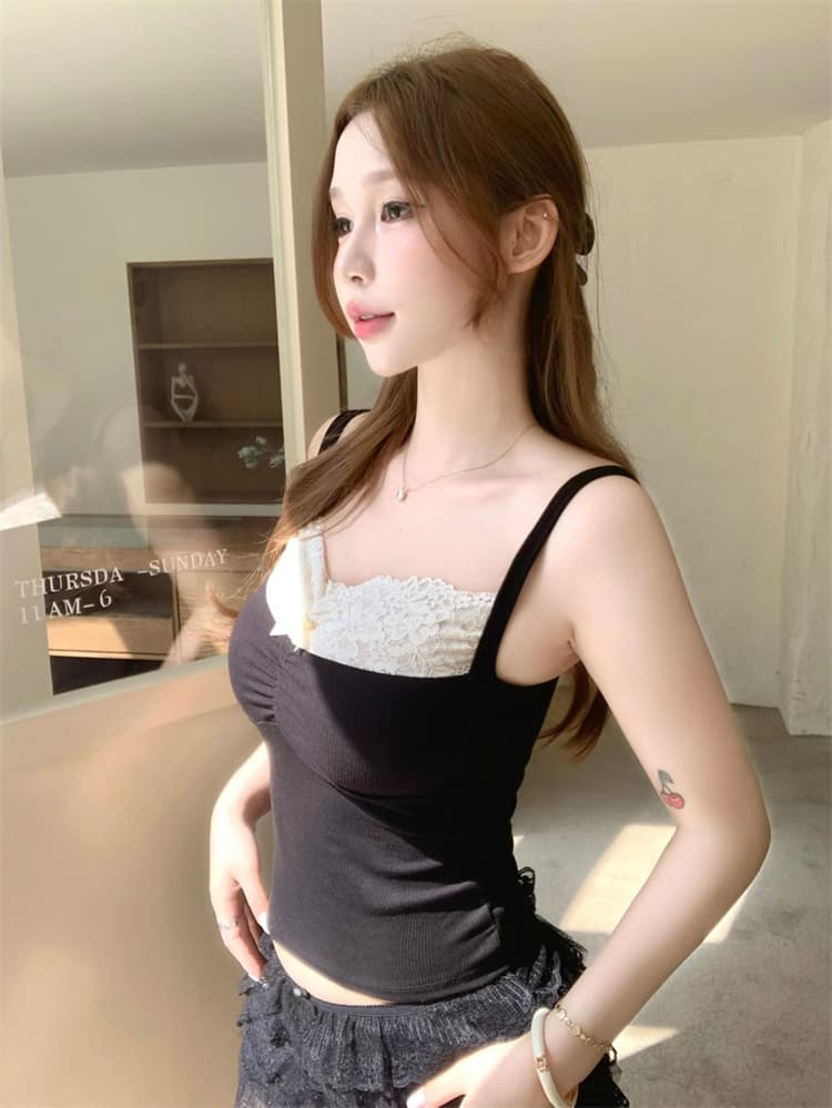 실사 정가 감소되지 않음 한 부서 순수한 욕망 바람 나비 매듭 패치워크 레이스 레이스 가슴 패드 캐미솔 여성 의류 맨위 상세 이미지 21