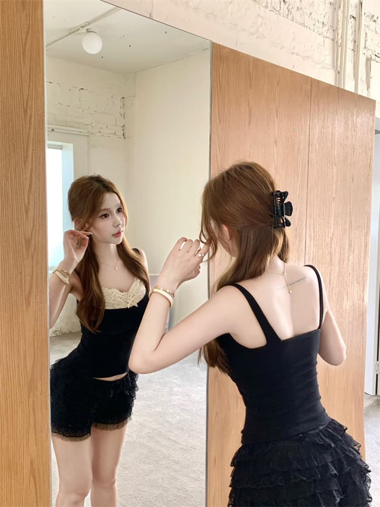 실사 정가 감소되지 않음 한 부서 순수한 욕망 바람 나비 매듭 패치워크 레이스 레이스 가슴 패드 캐미솔 여성 의류 맨위 상세 이미지 24
