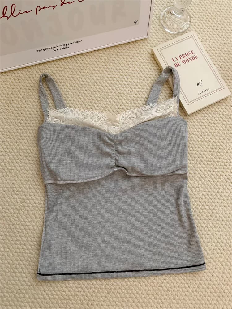 실사 정가 감소되지 않음 한 부서 순수한 욕망 바람 나비 매듭 패치워크 레이스 레이스 가슴 패드 캐미솔 여성 의류 맨위 상세 이미지 36