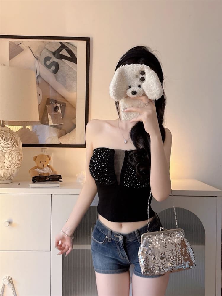 실사 정가 감소되지 않음 핫걸 망사 패치워크 V넥 핫픽스 튜브탑 조끼 여성 이슬 뼈의 몸매 가꾸기 쇼트 스타일 맨위 이미지 2