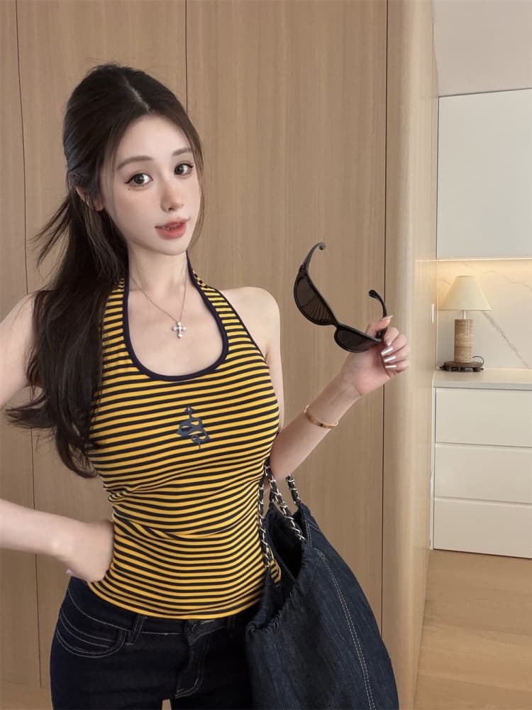 실사 정가 감소되지 않음 아메리칸 핫걸 배색 스트라이프 민소매 행침 목 조끼 여성 몸매 가꾸기 슬림해 보이는 켜기 벨트 가슴 패드 상세 이미지 15