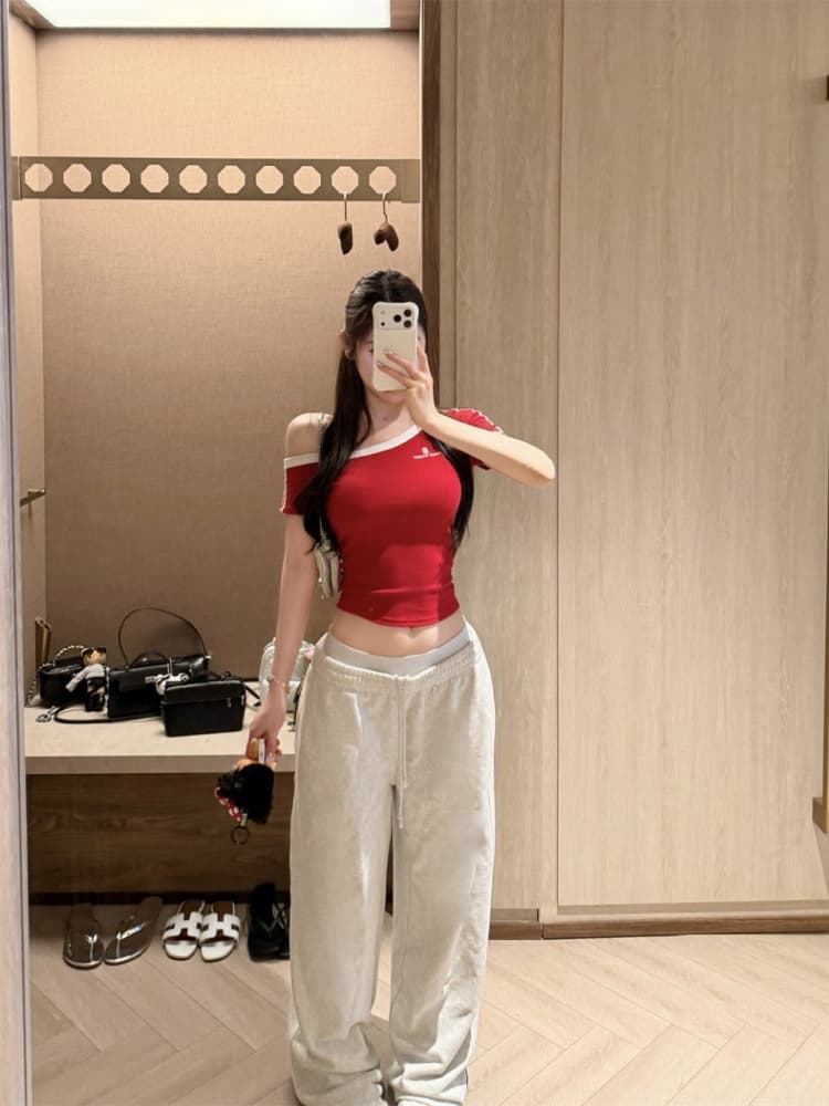 실사 정가 감소되지 않음 운동 바람 배색 라운드 넥 반팔 티셔츠 여성 알파벳 자수 쇼트 스타일 허리 수축 몸매 가꾸기 맨위 상세 이미지 4