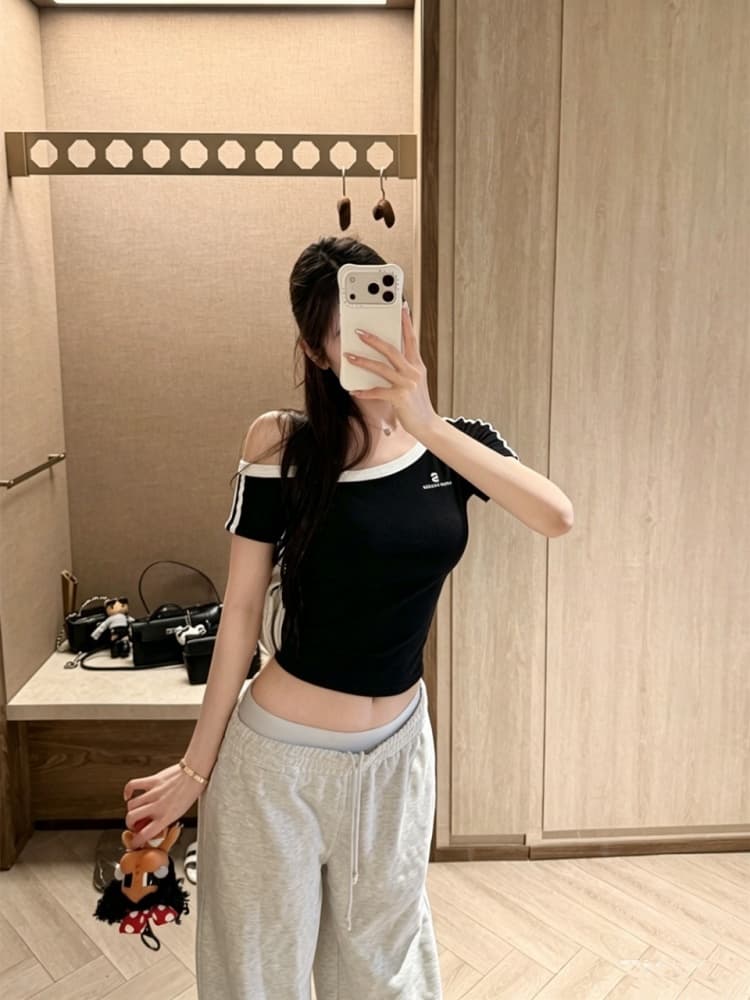 실사 정가 감소되지 않음 운동 바람 배색 라운드 넥 반팔 티셔츠 여성 알파벳 자수 쇼트 스타일 허리 수축 몸매 가꾸기 맨위 상세 이미지 13