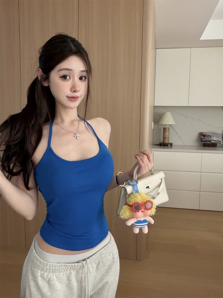 실사 정가 감소되지 않음 핫걸 디스플레이 가슴 섹시한 아름다움 뒤로 행침 목 캐미솔 몸매 가꾸기 민소매 짧은 맨위 상세 이미지 14