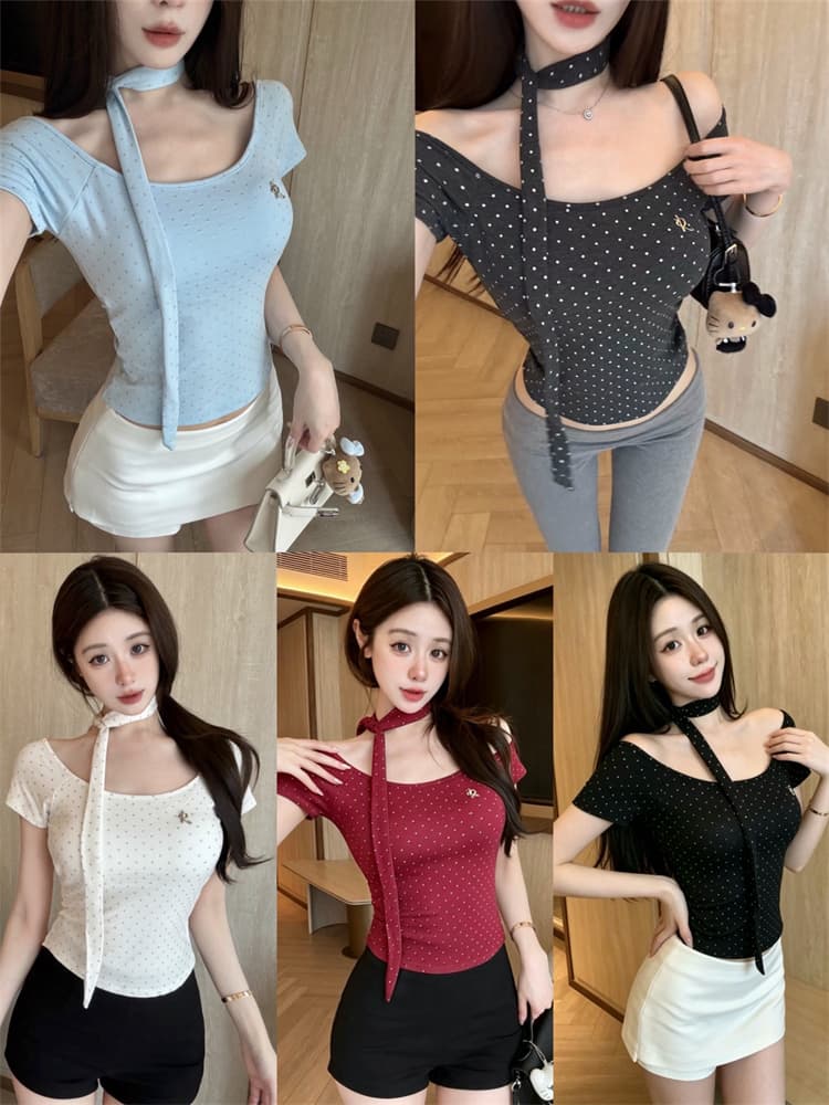 실사 정가 감소되지 않음 도트 무늬 프린트 패치워크 반팔 티셔츠 여성 몸매 가꾸기 슬림해 보이는 원피스 벨트 가슴 패드 의류 상세 이미지 1