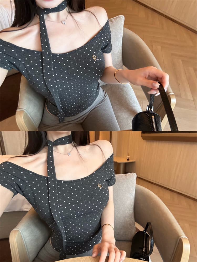 실사 정가 감소되지 않음 도트 무늬 프린트 패치워크 반팔 티셔츠 여성 몸매 가꾸기 슬림해 보이는 원피스 벨트 가슴 패드 의류 상세 이미지 2
