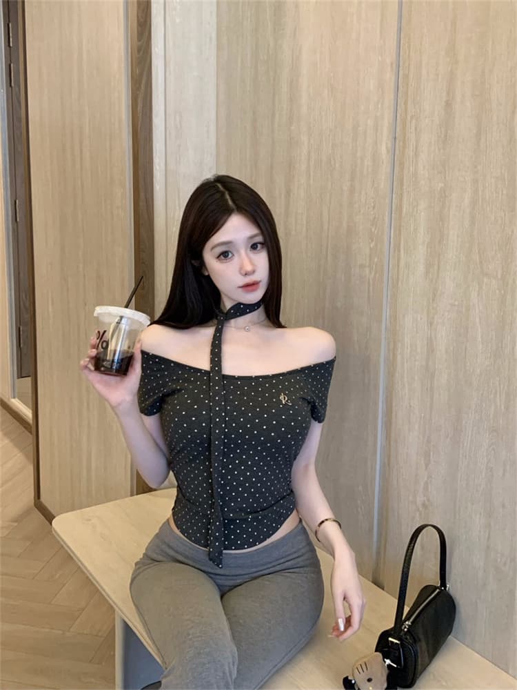실사 정가 감소되지 않음 도트 무늬 프린트 패치워크 반팔 티셔츠 여성 몸매 가꾸기 슬림해 보이는 원피스 벨트 가슴 패드 의류 상세 이미지 5