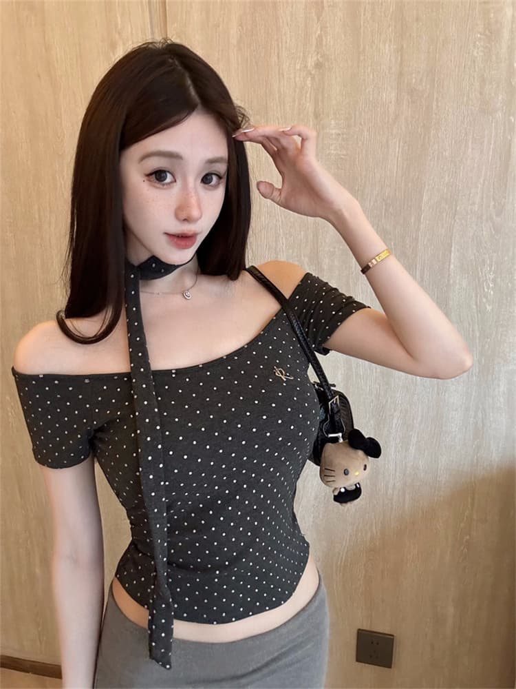 실사 정가 감소되지 않음 도트 무늬 프린트 패치워크 반팔 티셔츠 여성 몸매 가꾸기 슬림해 보이는 원피스 벨트 가슴 패드 의류 상세 이미지 6