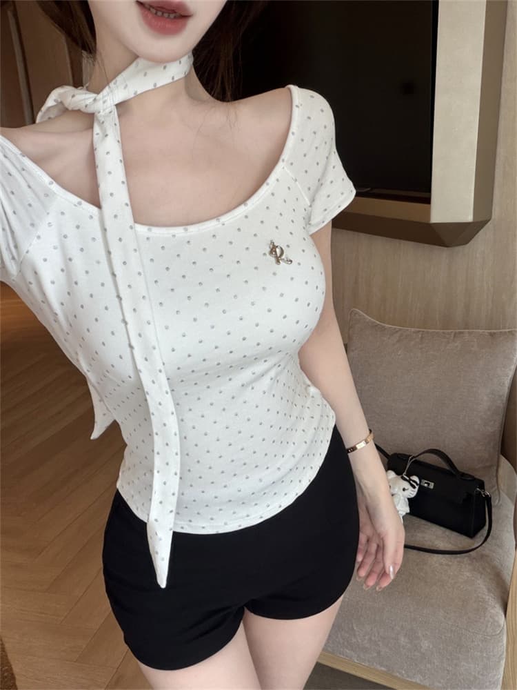 실사 정가 감소되지 않음 도트 무늬 프린트 패치워크 반팔 티셔츠 여성 몸매 가꾸기 슬림해 보이는 원피스 벨트 가슴 패드 의류 상세 이미지 9
