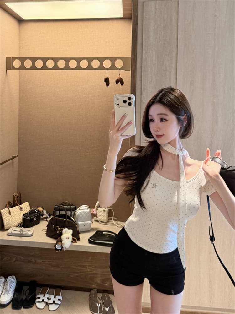 실사 정가 감소되지 않음 도트 무늬 프린트 패치워크 반팔 티셔츠 여성 몸매 가꾸기 슬림해 보이는 원피스 벨트 가슴 패드 의류 상세 이미지 11