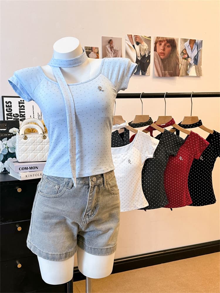 실사 정가 감소되지 않음 도트 무늬 프린트 패치워크 반팔 티셔츠 여성 몸매 가꾸기 슬림해 보이는 원피스 벨트 가슴 패드 의류 상세 이미지 39