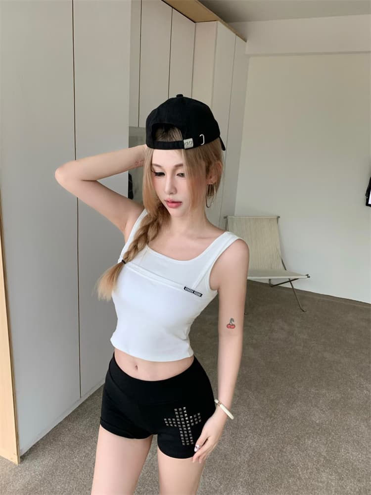 실사 정가 감소되지 않음 벨트 가슴 패드 아메리칸 민소매 티셔츠 여성 달콤한 매운맛 운동 알파벳 캐미솔 여성 셔츠 상세 이미지 8