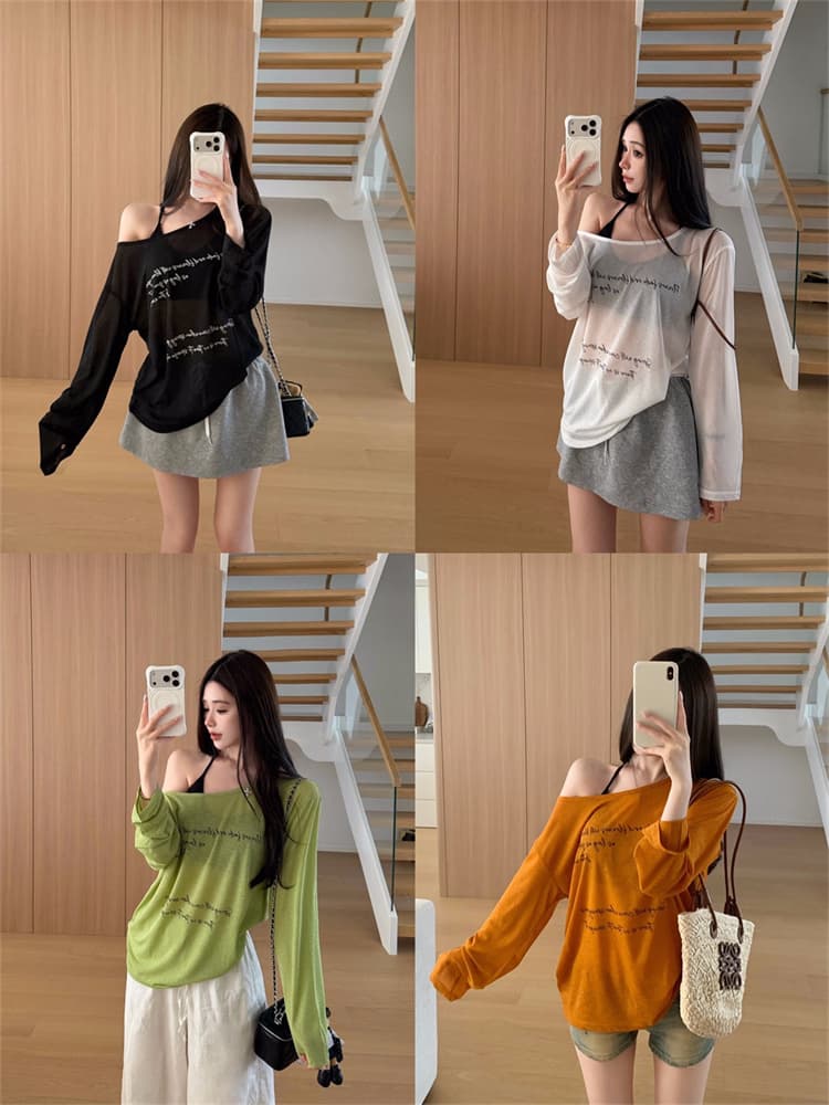 실사 정가 감소되지 않음 패션 섹시함 자외선 차단 블라우스 긴팔 티셔츠 알파벳 프린트 시스루 맨위 만나는 슬립 상세 이미지 2