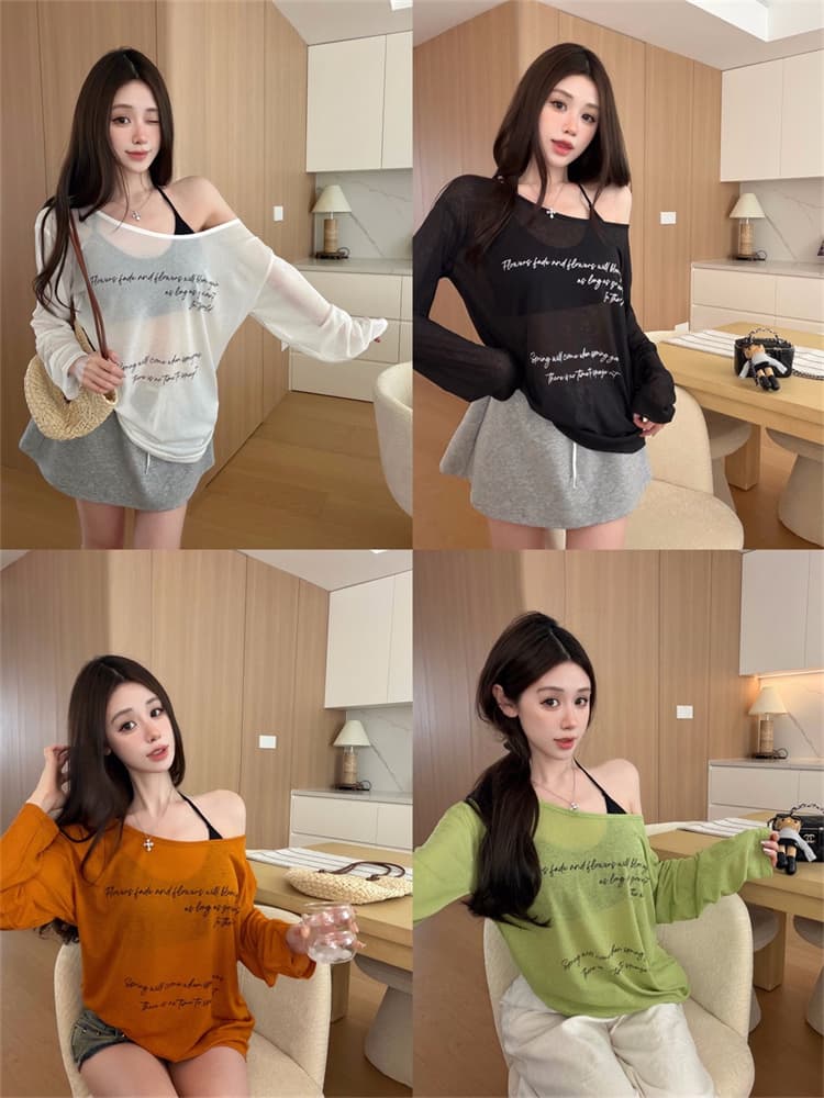 실사 정가 감소되지 않음 패션 섹시함 자외선 차단 블라우스 긴팔 티셔츠 알파벳 프린트 시스루 맨위 만나는 슬립 상세 이미지 3