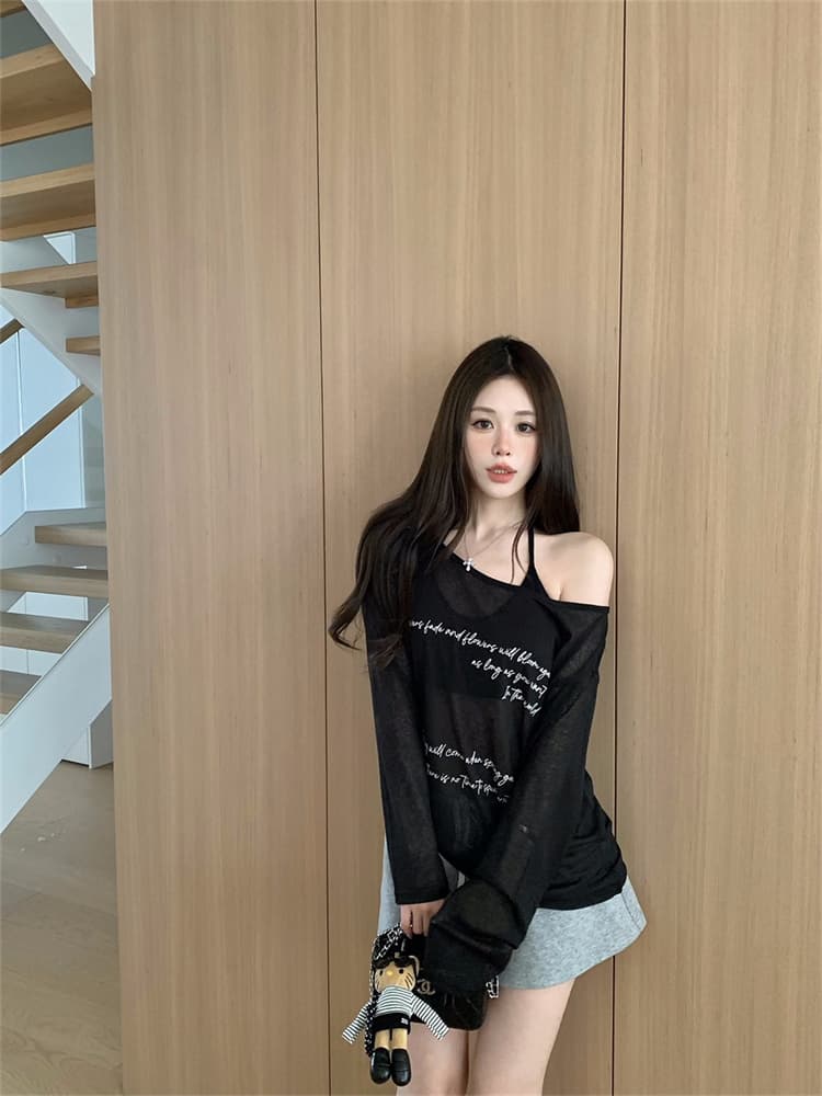실사 정가 감소되지 않음 패션 섹시함 자외선 차단 블라우스 긴팔 티셔츠 알파벳 프린트 시스루 맨위 만나는 슬립 상세 이미지 11