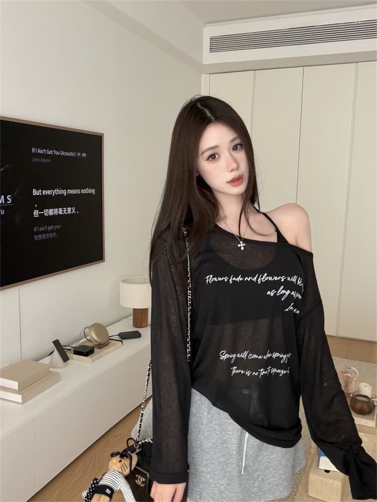 실사 정가 감소되지 않음 패션 섹시함 자외선 차단 블라우스 긴팔 티셔츠 알파벳 프린트 시스루 맨위 만나는 슬립 상세 이미지 15