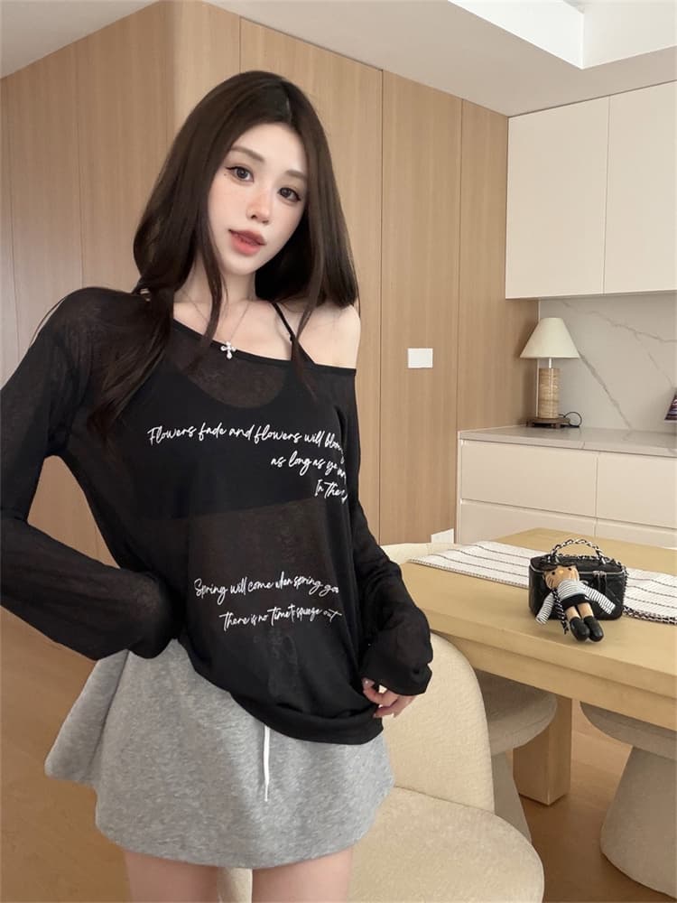 실사 정가 감소되지 않음 패션 섹시함 자외선 차단 블라우스 긴팔 티셔츠 알파벳 프린트 시스루 맨위 만나는 슬립 상세 이미지 16