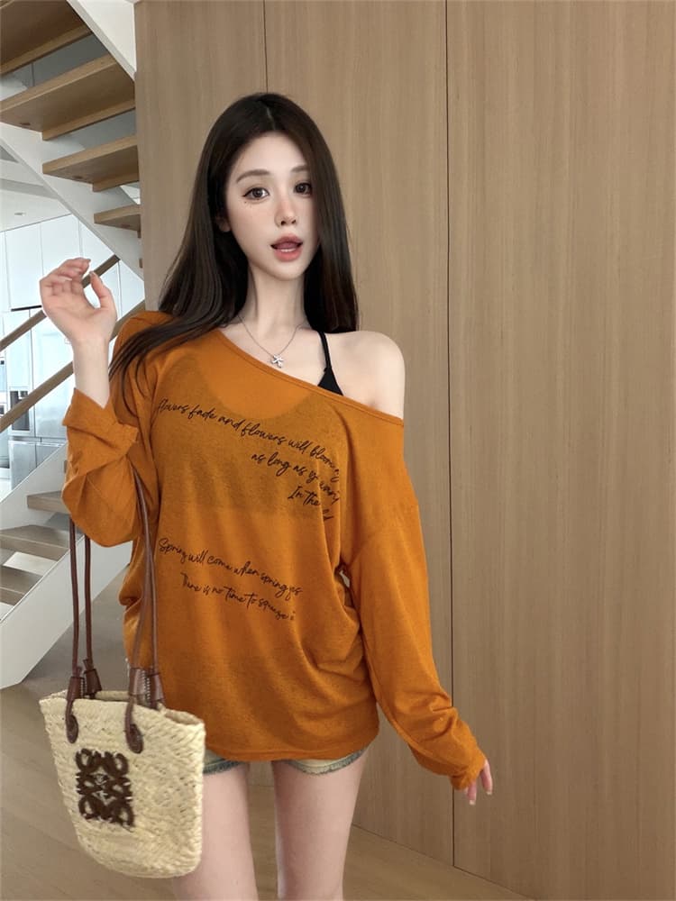 실사 정가 감소되지 않음 패션 섹시함 자외선 차단 블라우스 긴팔 티셔츠 알파벳 프린트 시스루 맨위 만나는 슬립 상세 이미지 19