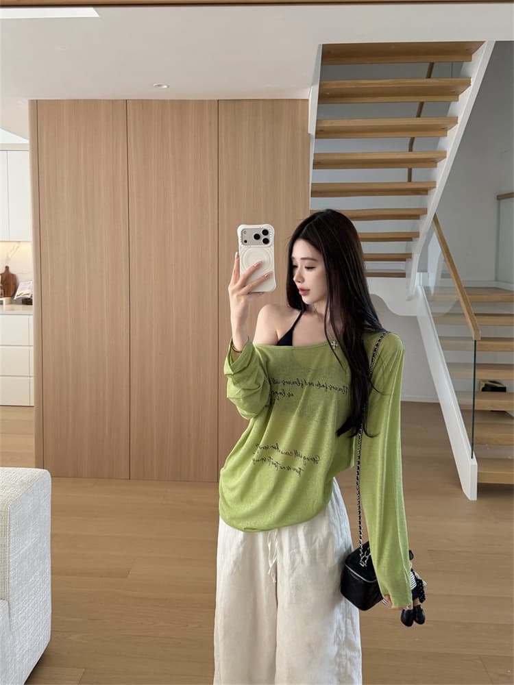 실사 정가 감소되지 않음 패션 섹시함 자외선 차단 블라우스 긴팔 티셔츠 알파벳 프린트 시스루 맨위 만나는 슬립 상세 이미지 21