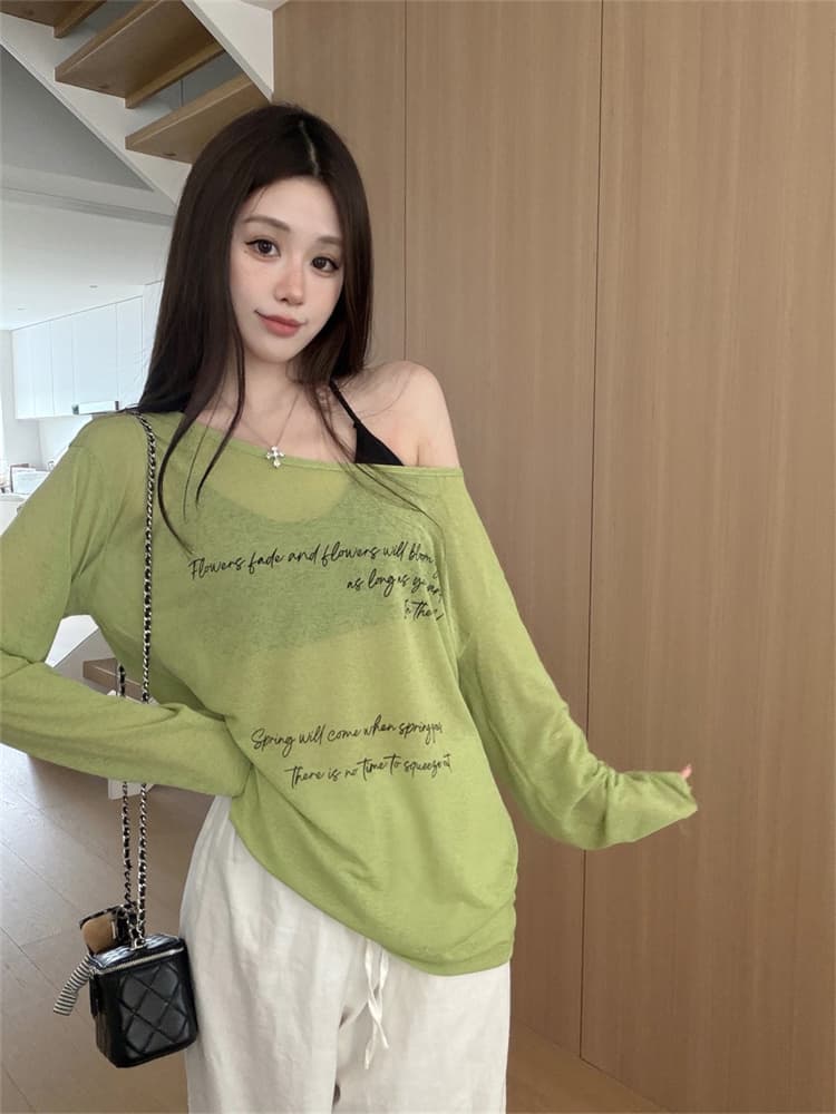 실사 정가 감소되지 않음 패션 섹시함 자외선 차단 블라우스 긴팔 티셔츠 알파벳 프린트 시스루 맨위 만나는 슬립 상세 이미지 22