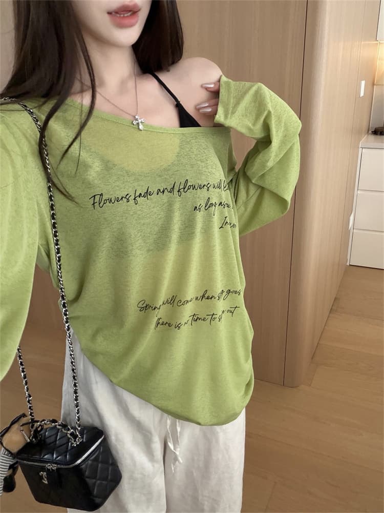 실사 정가 감소되지 않음 패션 섹시함 자외선 차단 블라우스 긴팔 티셔츠 알파벳 프린트 시스루 맨위 만나는 슬립 상세 이미지 23