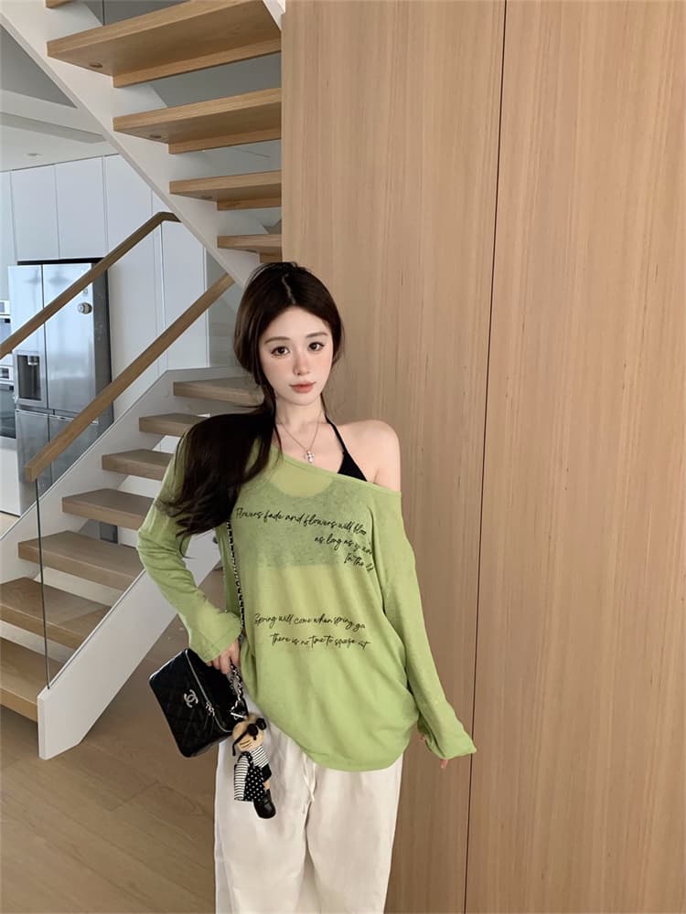 실사 정가 감소되지 않음 패션 섹시함 자외선 차단 블라우스 긴팔 티셔츠 알파벳 프린트 시스루 맨위 만나는 슬립 상세 이미지 24