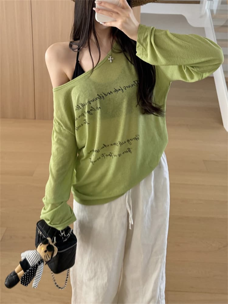 실사 정가 감소되지 않음 패션 섹시함 자외선 차단 블라우스 긴팔 티셔츠 알파벳 프린트 시스루 맨위 만나는 슬립 상세 이미지 25