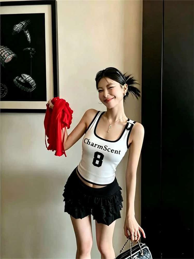 정가 감소되지 않음 아메리칸 숫자 프린트 품격 u 칼라 캐미솔 몸매 가꾸기 슬림해 보이는 핫걸 맨위 상세 이미지 3
