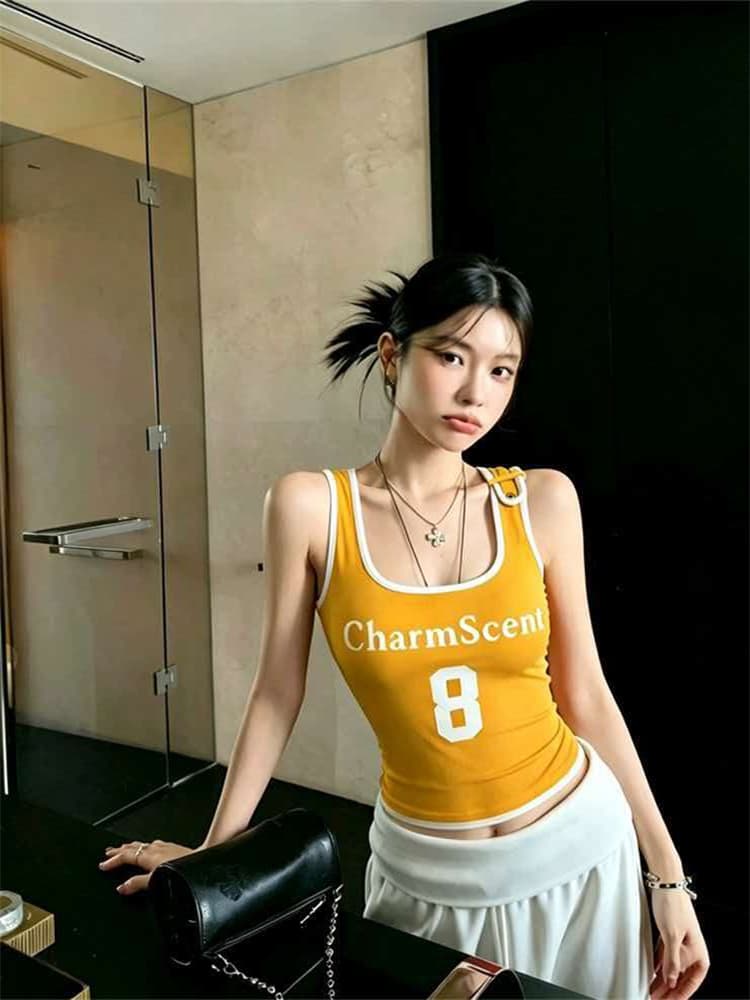 정가 감소되지 않음 아메리칸 숫자 프린트 품격 u 칼라 캐미솔 몸매 가꾸기 슬림해 보이는 핫걸 맨위 상세 이미지 6