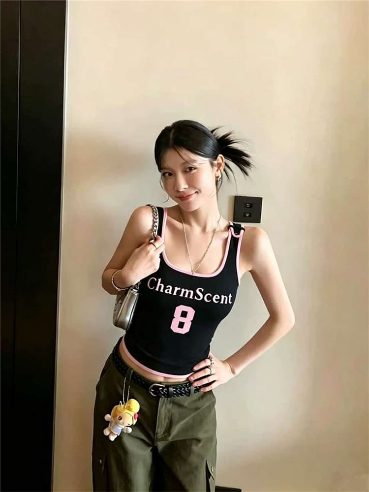 정가 감소되지 않음 아메리칸 숫자 프린트 품격 u 칼라 캐미솔 몸매 가꾸기 슬림해 보이는 핫걸 맨위 상세 이미지 7