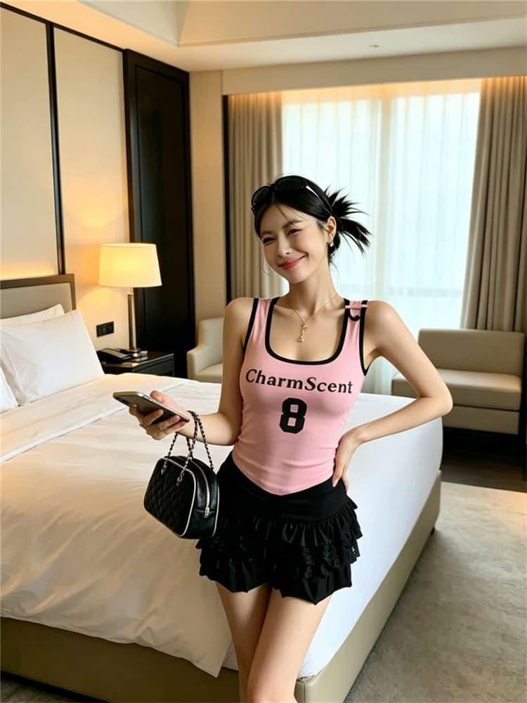 정가 감소되지 않음 아메리칸 숫자 프린트 품격 u 칼라 캐미솔 몸매 가꾸기 슬림해 보이는 핫걸 맨위 상세 이미지 11
