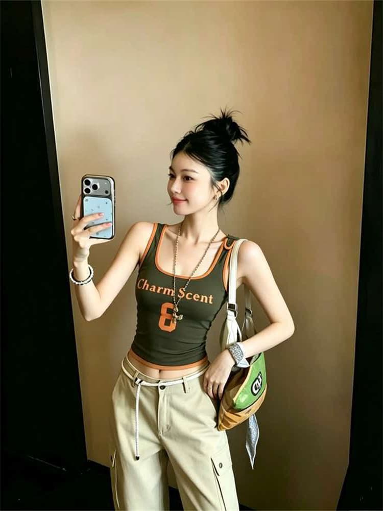 정가 감소되지 않음 아메리칸 숫자 프린트 품격 u 칼라 캐미솔 몸매 가꾸기 슬림해 보이는 핫걸 맨위 상세 이미지 12