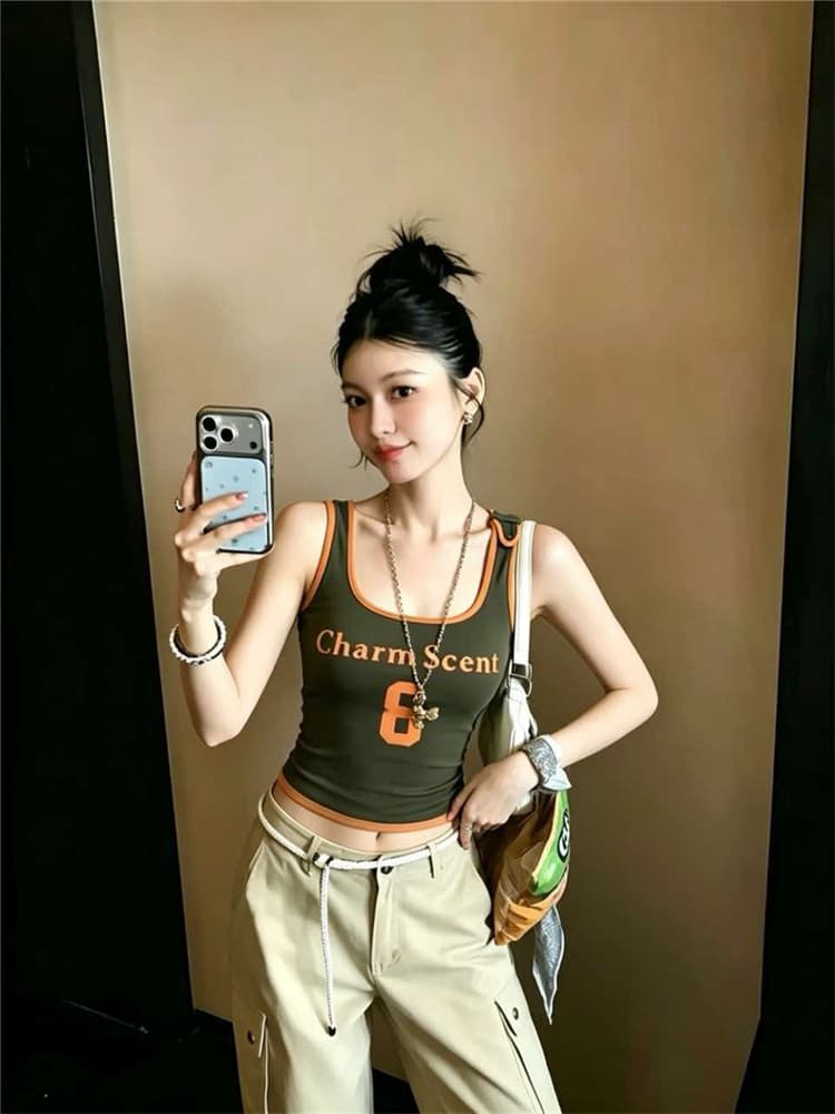 정가 감소되지 않음 아메리칸 숫자 프린트 품격 u 칼라 캐미솔 몸매 가꾸기 슬림해 보이는 핫걸 맨위 상세 이미지 13