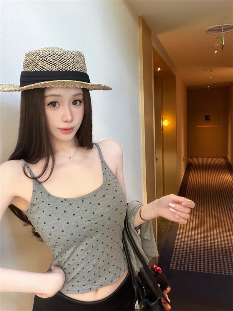 실사 정가 감소되지 않음 핫걸 달콤함 도트 무늬 u 칼라 캐미솔 섹시함 순수한 욕망 몸매 가꾸기 슬림해 보이는 다용도 맨위 상세 이미지 1