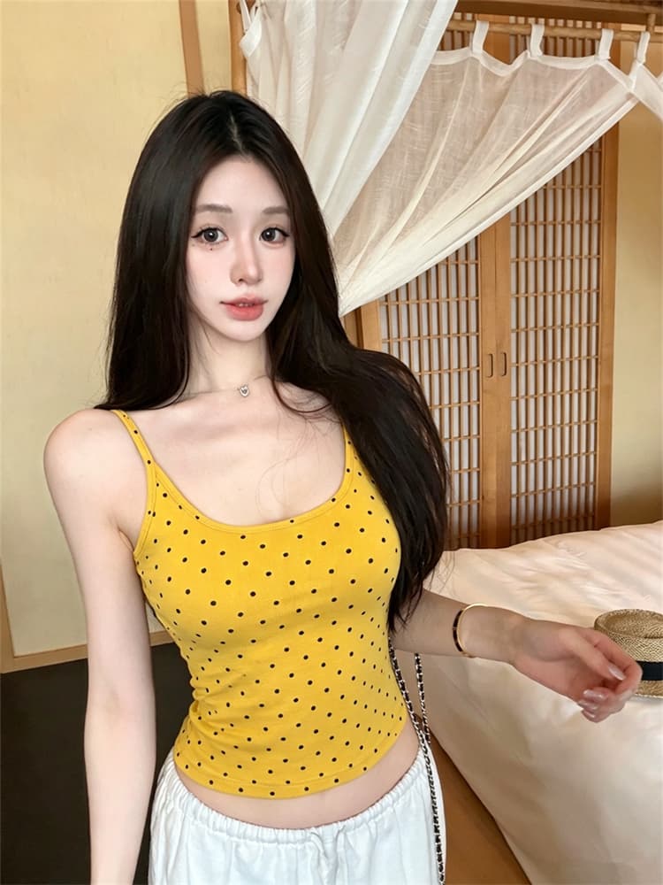 실사 정가 감소되지 않음 핫걸 달콤함 도트 무늬 u 칼라 캐미솔 섹시함 순수한 욕망 몸매 가꾸기 슬림해 보이는 다용도 맨위 상세 이미지 7